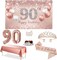 90th Birthday Decorations Party Set for Women, Rose Gold 90 Birthday Banner and Tablecloth, 90 & Fabulous Sash and Tiara, 1PC Happy 90th Birthday Cake Topper, Pink Gold 90 Number